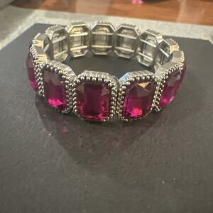 Wide Pink Fuchsia Crystal Rhinestone Stretch‎ Bridal Pageant Prom Bracelet